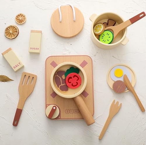 Miniatura 3 de Juego de cocina de madera, 15 piezas, incluye ollas, utensilios, tabla de cortar