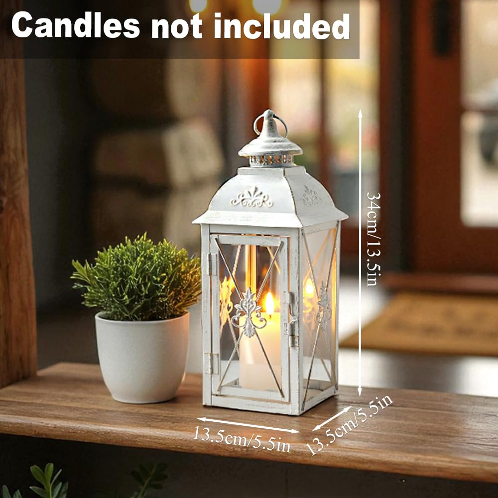 TRIROCKS Zestaw 2 wiszących lampionów w stylu vintage – 34 cm wysokości, dekoracyjny metalowy i hartowany świecznik, idealny na imprezy wewnątrz/na zewnątrz, patio, do ogrodu, na imprezy, białe i