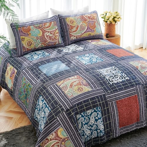 Secgo King Size Comforter Set- 100% Cotton Quilt King Size Set, Black bedspreads (96 * 108 Inch) with 2 Pillow Shams, Patchwork Reversible Lightweight Bedding
