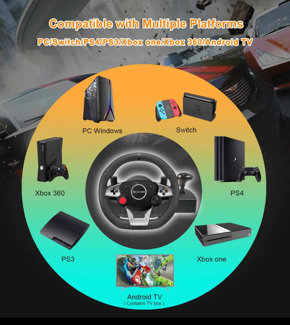 DuLingKer Volante PC con Pedali 270° per PC/PS4/Switch/PS3/Xbox One/Xbox 360/Android TV, Vibrazione Feedback