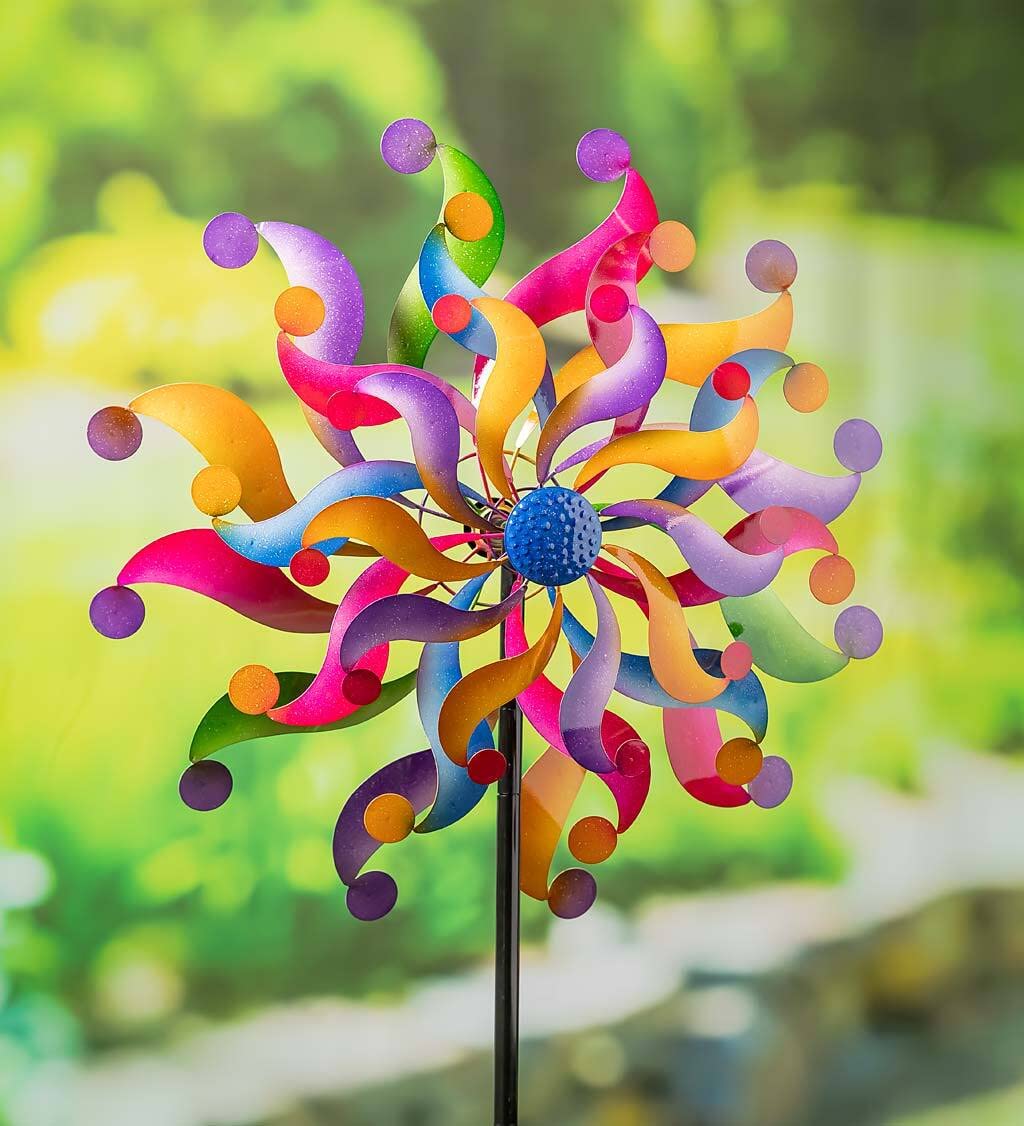 Plow & HearthColor Pop Metal Wind Spinner, Kinetic Garden Art, Lawn Ornament, Statement Piece, Tall Focal Point, Sculptural Accent, Nature-Inspire Design, 30" L x 10½"W x 84½"H