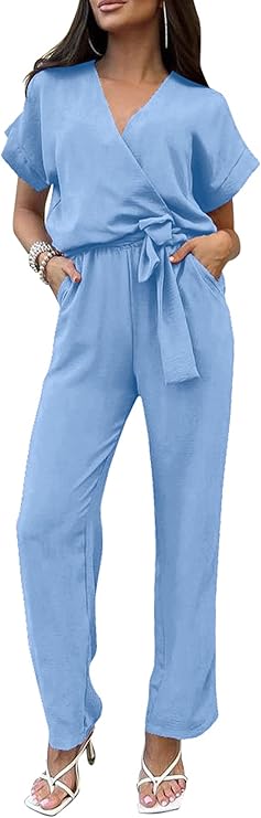 PRETTYGARDEN Women's Summer One Piece Jumpsuits Belted Short Sleeve Wrap V Neck Fashion Dressy Casual Wide Leg Pants Romper