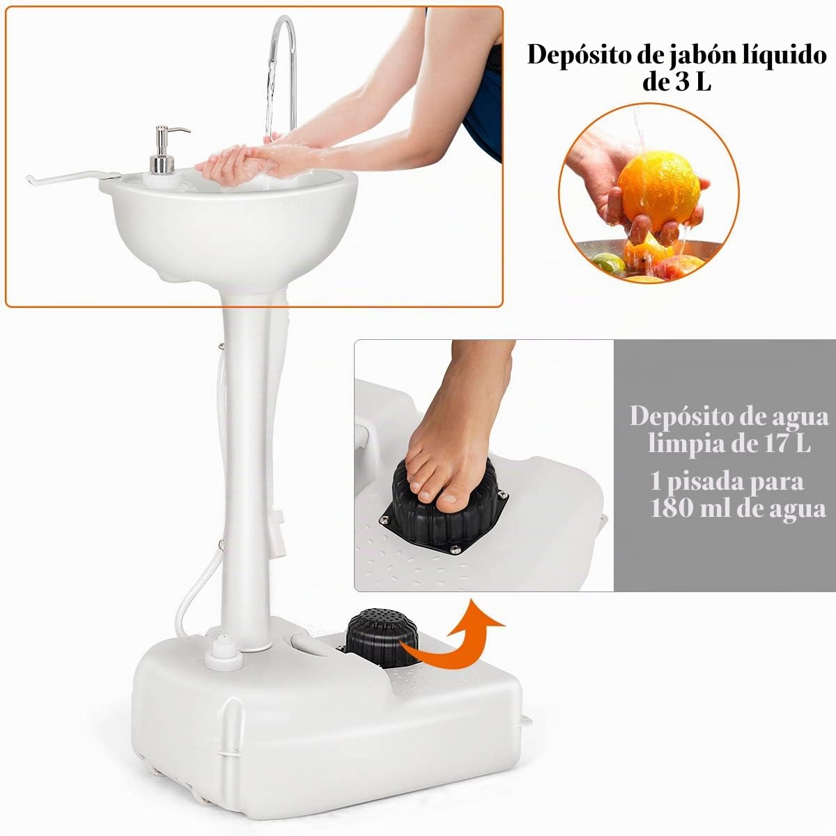 GOPLUS - Fregadero de camping portátil con bomba de pie y ruedas, estación de lavado con depósito de agua, 17 L, dispensador de jabón para viajes, pícnic, senderismo