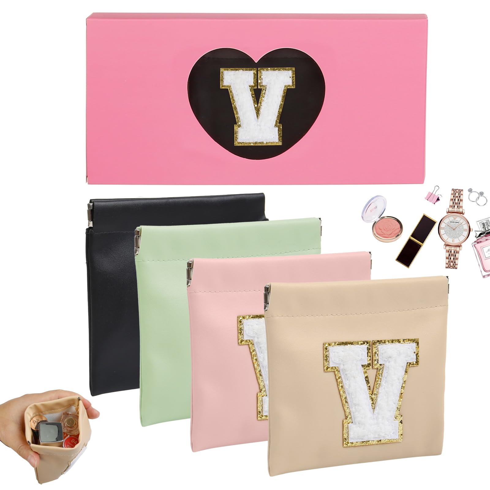 AIBFRID 4 PCS Small Initial Makeup Bag for Purse Mini Portable Cosmetic Bags for Women Coin Purse Lipstick Cosmetic Accessories Organizer Small Travel