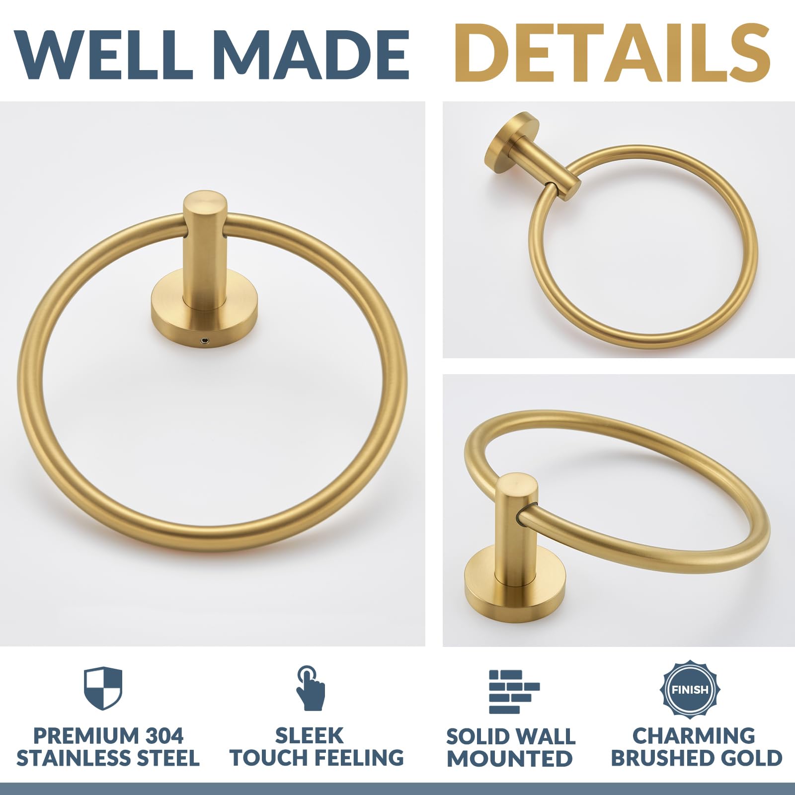 APLusee Toallero de mano de acero inoxidable 304, soporte redondo para toallas montado en la pared para baño, cocina, oro cepillado