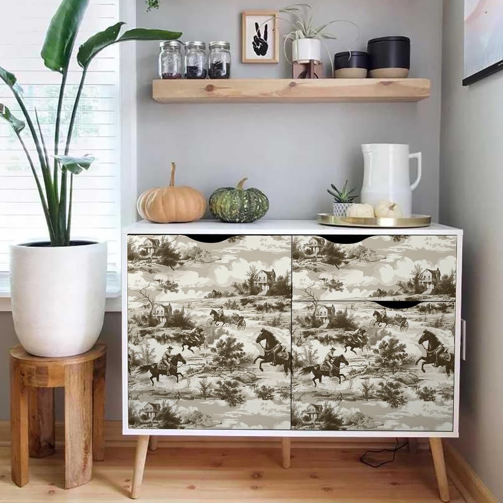 18"x236" Brown White Cowboy Wild Western Peel and Stick Self Adhesive Wallpaper Removable Contact Paper Stick on Easy Peel Off Wall Paper for Kitchen Bedroom Bathroom Renter