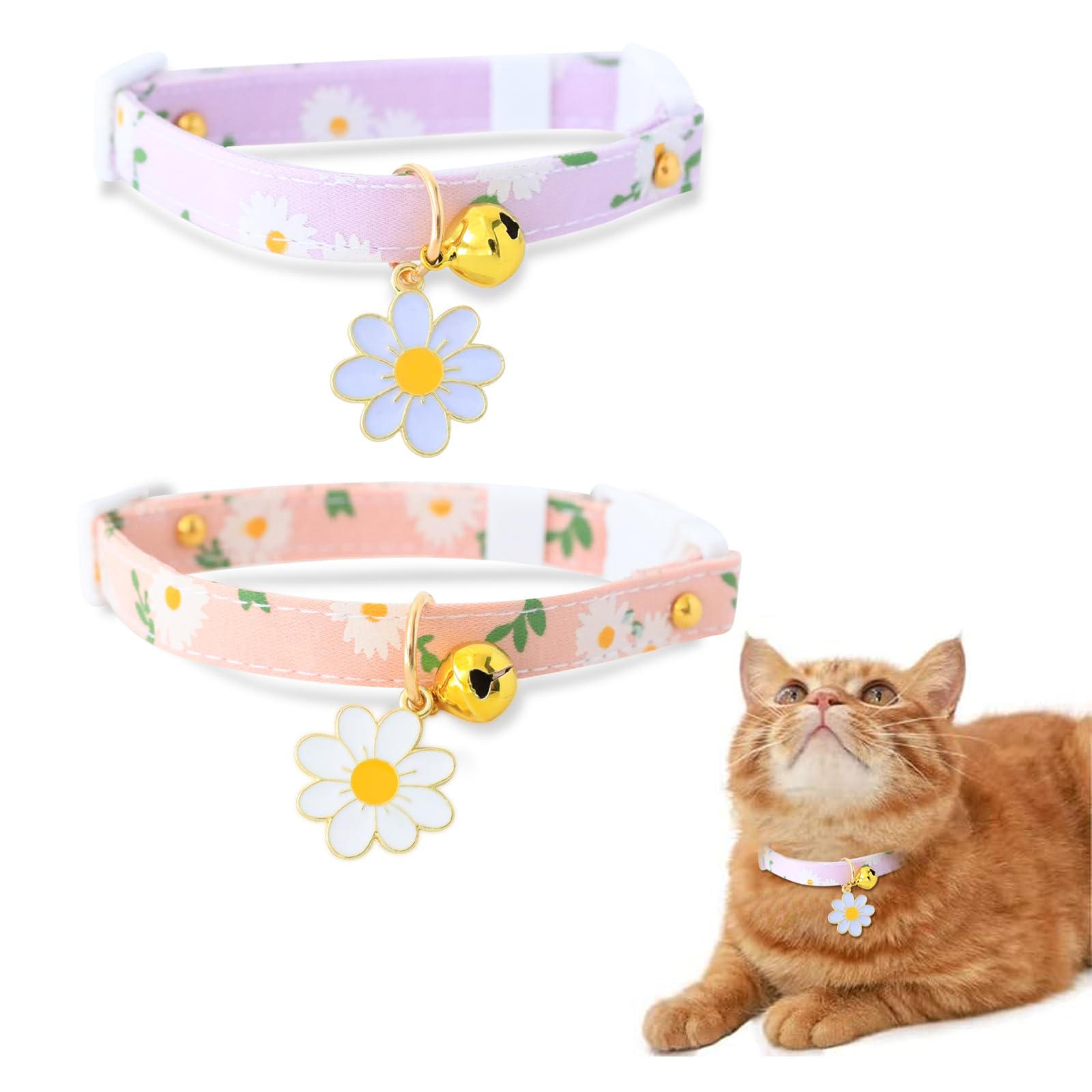 XIXKOLYU® Pack de 2 collares de gato con cascabeles de algodón con colgante de flor rosa y morado, collar de gatito, ideal para gatos