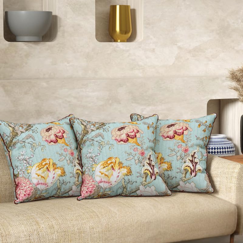 Image of Pure Cotton Quilted Cushion Cover 16x16 Inch | Anokhi Print Decorative Throw Pillow Cover | Soft Cotton Sofa Cushion Cover with Hidden Zipper | Living Room Bedroom Home Decor