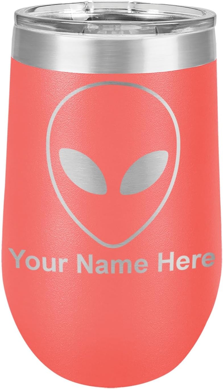 LaserGram 16oz Double Wall Stainless Steel Wine Glass Tumbler, Alien Head, Personalized Engraving Included (Black)