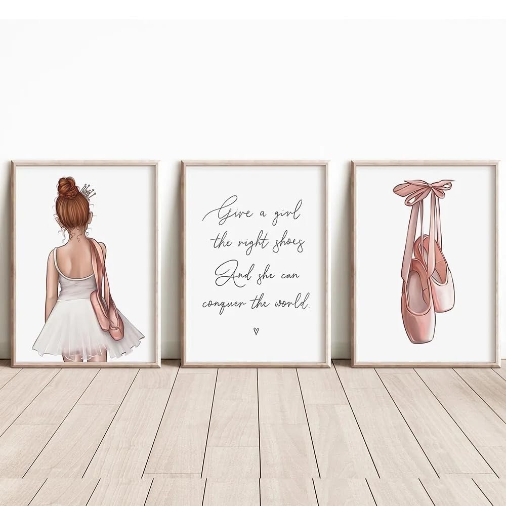 HURCP Set Of 3 Canvas Poster Cartoon Ballet Girl Ballerina Quote Nursery Pink Dancing Shoes Wall Art Prints Gift Bedroom Living Room Dorm Gallery Corridor Decor Picture,50x70 CM (19.7x27.6 In)