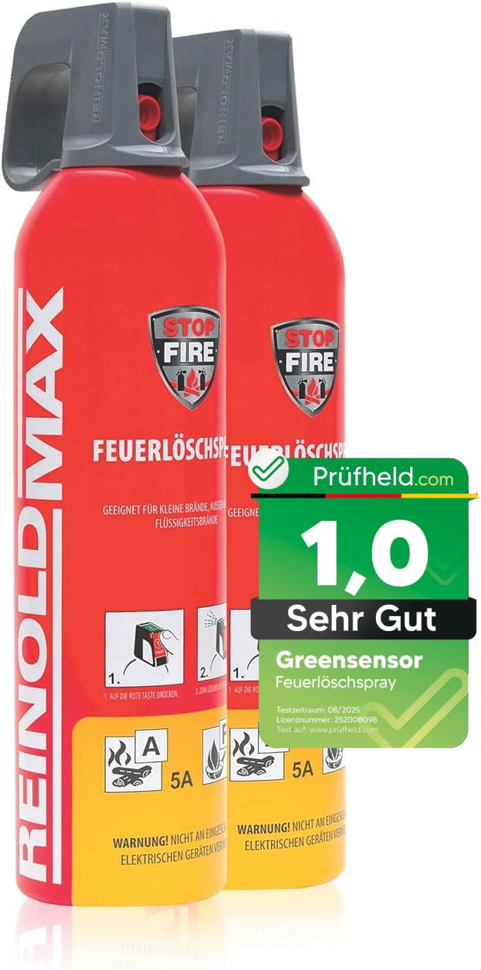 [Test SEHR GUT, Note 1,0] GREENSENSOR Premium Feuerlöschspray 500/750 ml (2X Feuerlöscher 750ml)