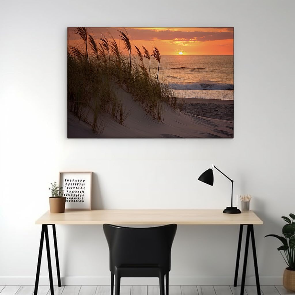 Canvas for Living room. Sunset Serenity on the Sandy Shore: A Fusion of Nature's Warmth and Ocean's Whisper, 27 x 18 inch Canvas Wall Art - Beach Sunsets And Sunrises - Modern Home Decor