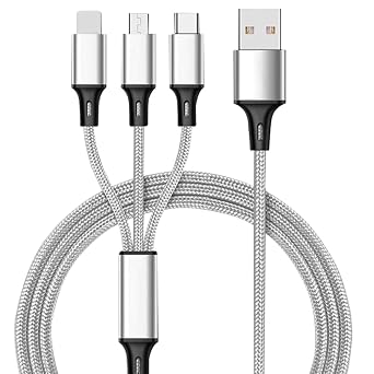 Multi Charging Cable 4ft 3 in 1 Charger Cable, Nylon Braided Multi USB Charger Cord with Type-C,Micro USB,Lightning Connectors,Universal Charging Cable for Android Devices iPads White