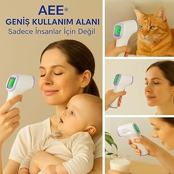 AEE® CE onaylı Dijital Temassız Ateş Ölçer Termometre Tabanca Model Hafızalı Pilli Bebek Çocuk Kedi Köpek Ortam Nesne Yemek Havuz Oda