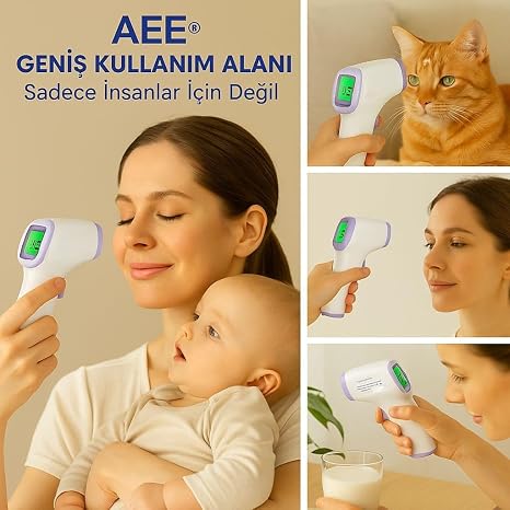 AEE® CE onaylı Dijital Temassız Ateş Ölçer Termometre Tabanca Model Hafızalı Pilli Bebek Çocuk Kedi Köpek Ortam Nesne Yemek Havuz Oda