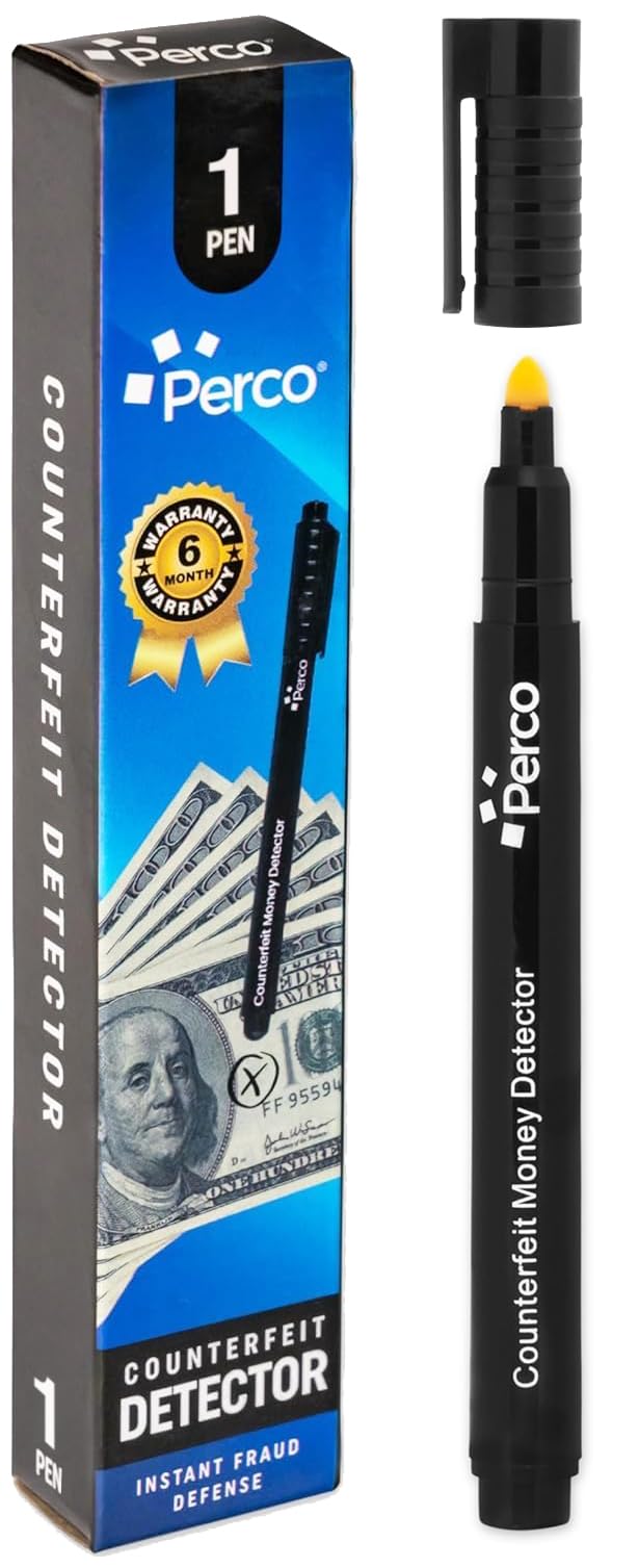 Perco Counterfeit Money Detector Pen - Easy to Use and Reliable Universal Currency Fake Bill Checker for Personal & Commercial Use - Ensures