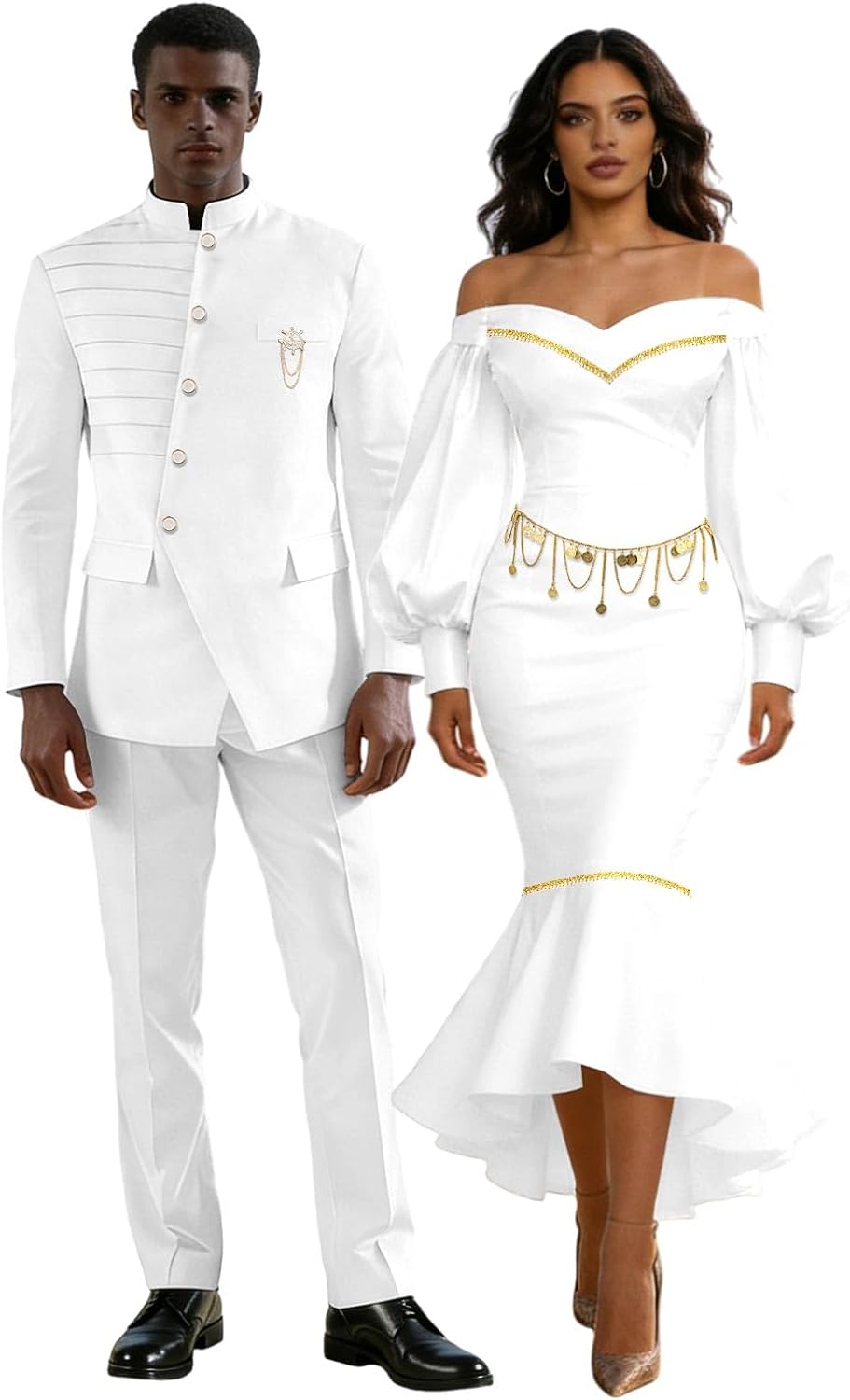 DBQ Couple`s Clothes Men Single Breasted Brooch Blazer and Pant Set Women Match Color Gold Chain Midi Dress