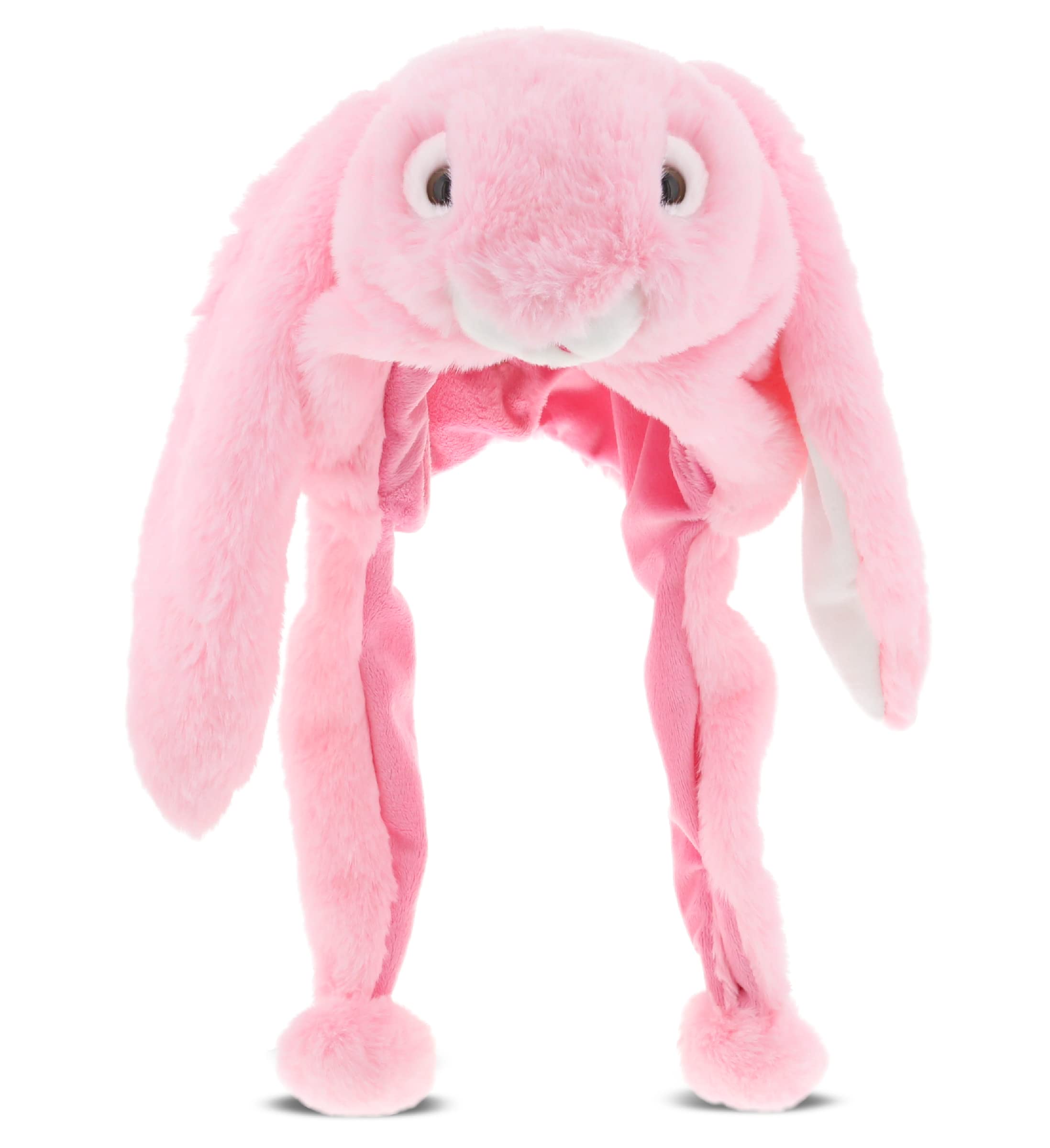 DolliBu Pink Bunny Plush Hat – Soft Fleece Animal Hat with Ear Flaps for Kids & Teens, Funny Bunny Costume Hat for Halloween, Parties, Winter Wear, One Size