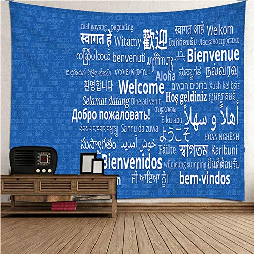Tapiz de pared KnSam de poliéster blanco y azul para decorar el salón con idiomas (150x150 cm)
