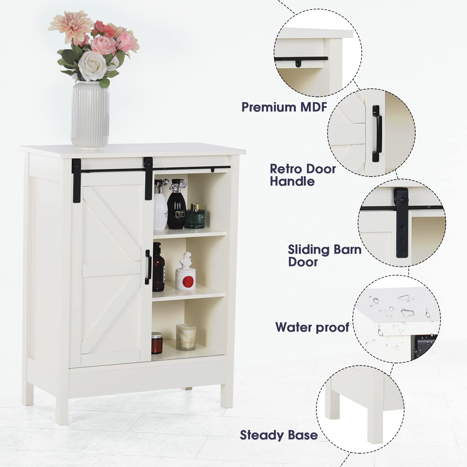 MAISON ARTS Bathroom Floor Storage Cabinet with Sliding Barn Door, Buffet & Sideboards Cabinets Farmhouse Storage Cabinet for Living Room, Kitchen, Bathroom, Bedroom, Creamy White