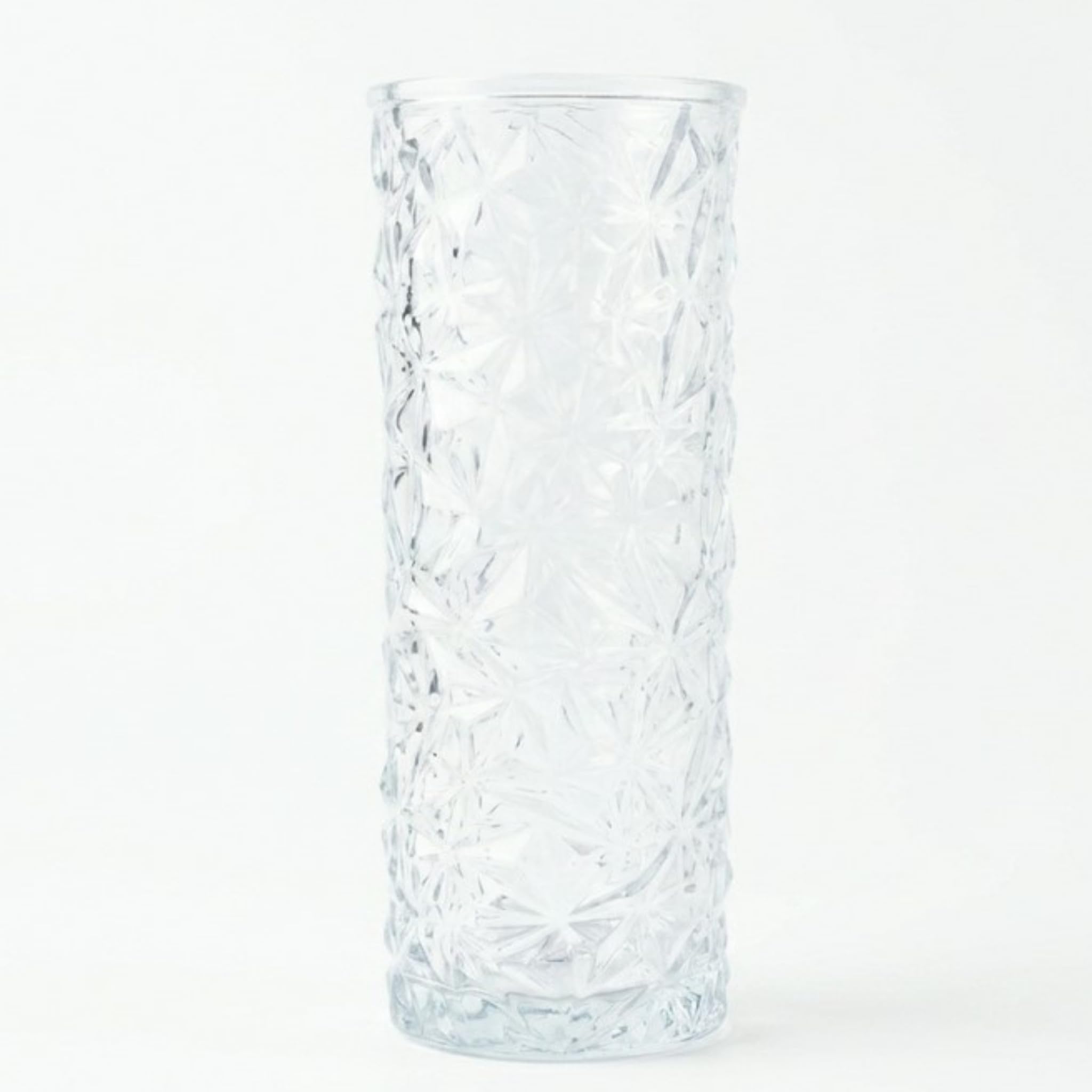 Elvida Interiors Clear Crumble Textured Glass Vase, Cylindrical Shape, 19.5Cm Height, 8Cm Diameter, Decorative Faceted Glass Flower Vase For Fresh & Dried Flowers, Modern Home Décor