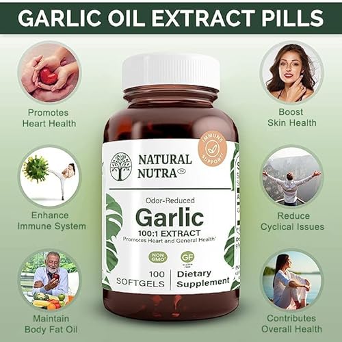 Natural Nutra Odorless Garlic Oil Supplement, Organic Pills For Boost Heart Health, Enhance Immune System, Blood Thinner, Allium Sativum 500Mg, 100 Softgels #TOP2