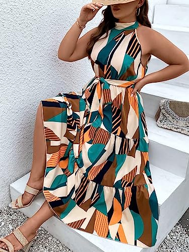 Image of Floerns Women's Plus Size Boho Sleeveless Halter Neck Tie Back A Line Long Dress