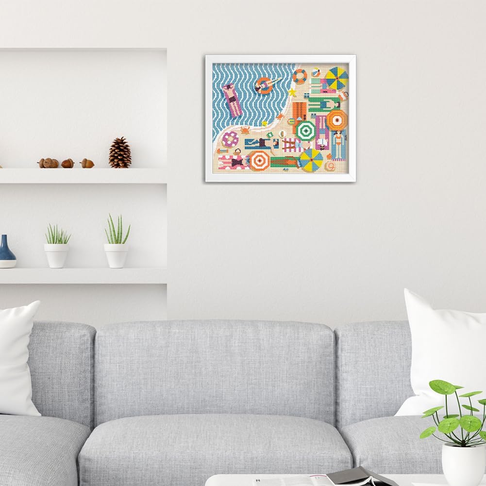 FREEBLOSS Flamingo Cross Stitch Kit Stamped Cross Stitch Wall Hanging Kit for Adults with Instructions On The Beach Pure Cotton Cloth Embroidery Kits for Beginnrs No Frame 16 * 20"