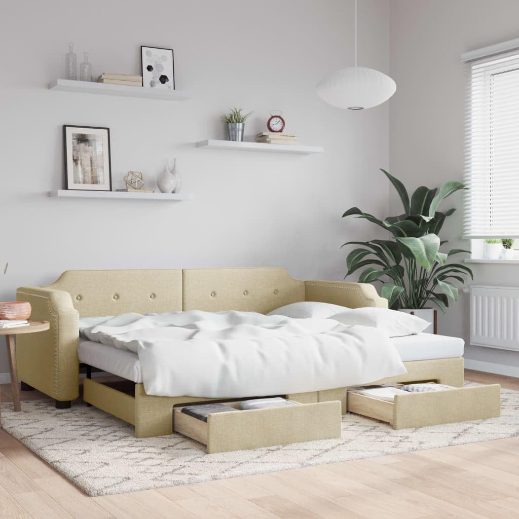 Rozkładane łóżko dzienne, kremowy materiał 80 x 200 cm, z 2 szufladami, wytrzymały stelaż z metalu i drewna, uniwersalna sofa do spania do pokoju gościnnego