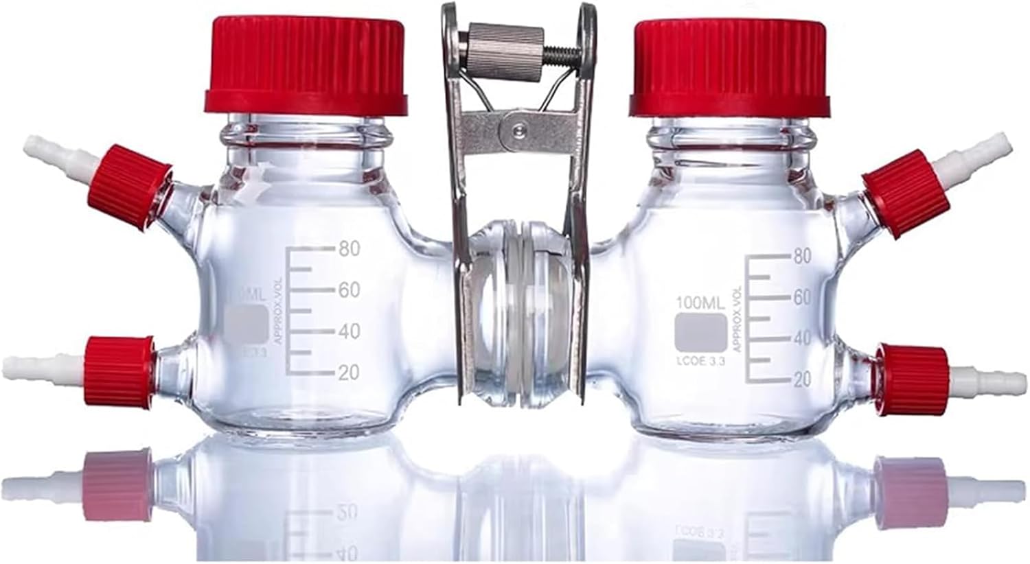 Electrochemical Reaction Chamber, H-Type Dual-Cell High Borosilicate Glass Reactor, 100 mL Single/200 mL Total, 14-Port Side Connections, with Proton Exchange Membrane & Tower Port