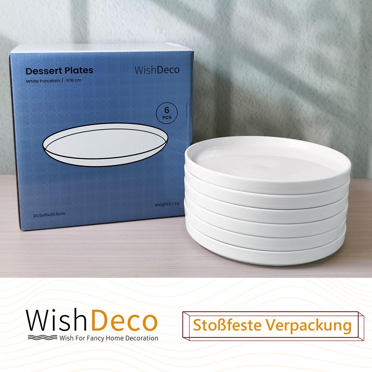 WishDeco Lot de 6 Assiettes à Dessert, Assiette Blanche Porcelaine 18 cm, Petite Assiette Ronde avec Rebord, Plat Ceramique pour Gâteau, Pain, Salade, Pâtes, Fruits