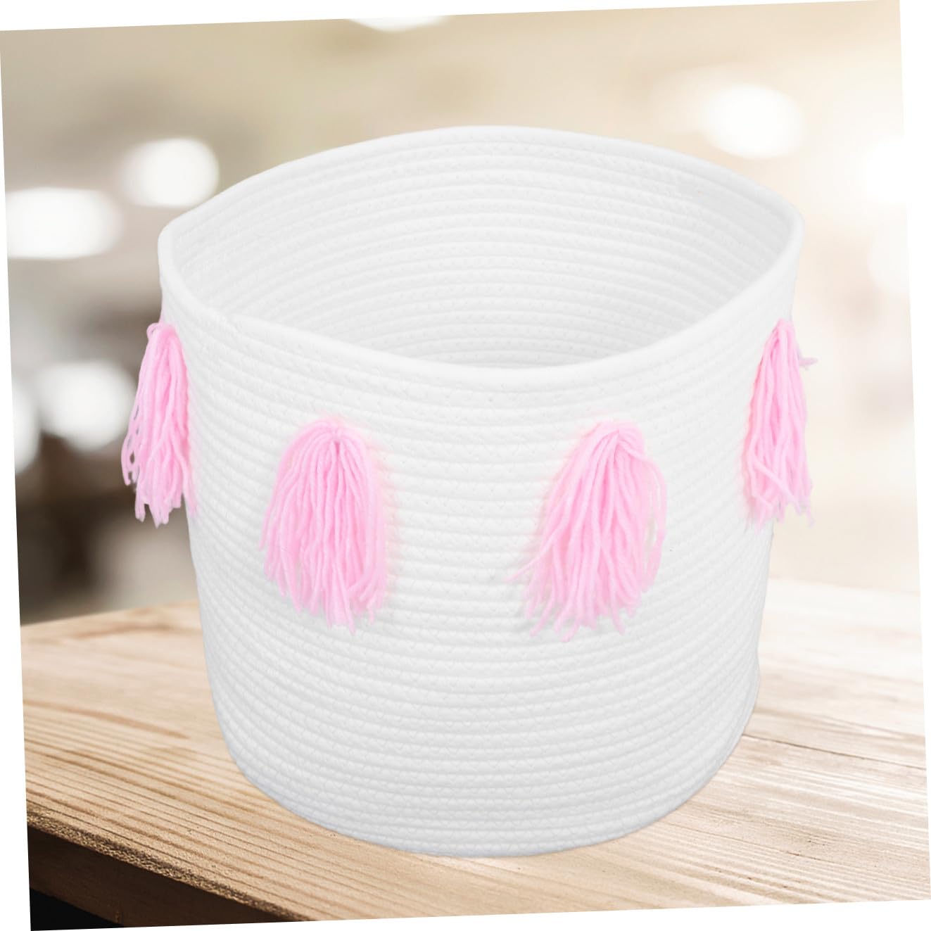 Cestino Portaoggetti Artigianale in Corda di Cotone Rosa | Nappine Decorative, per Casa e Hotel, Adatto a Rossetti e Accessori Bebé