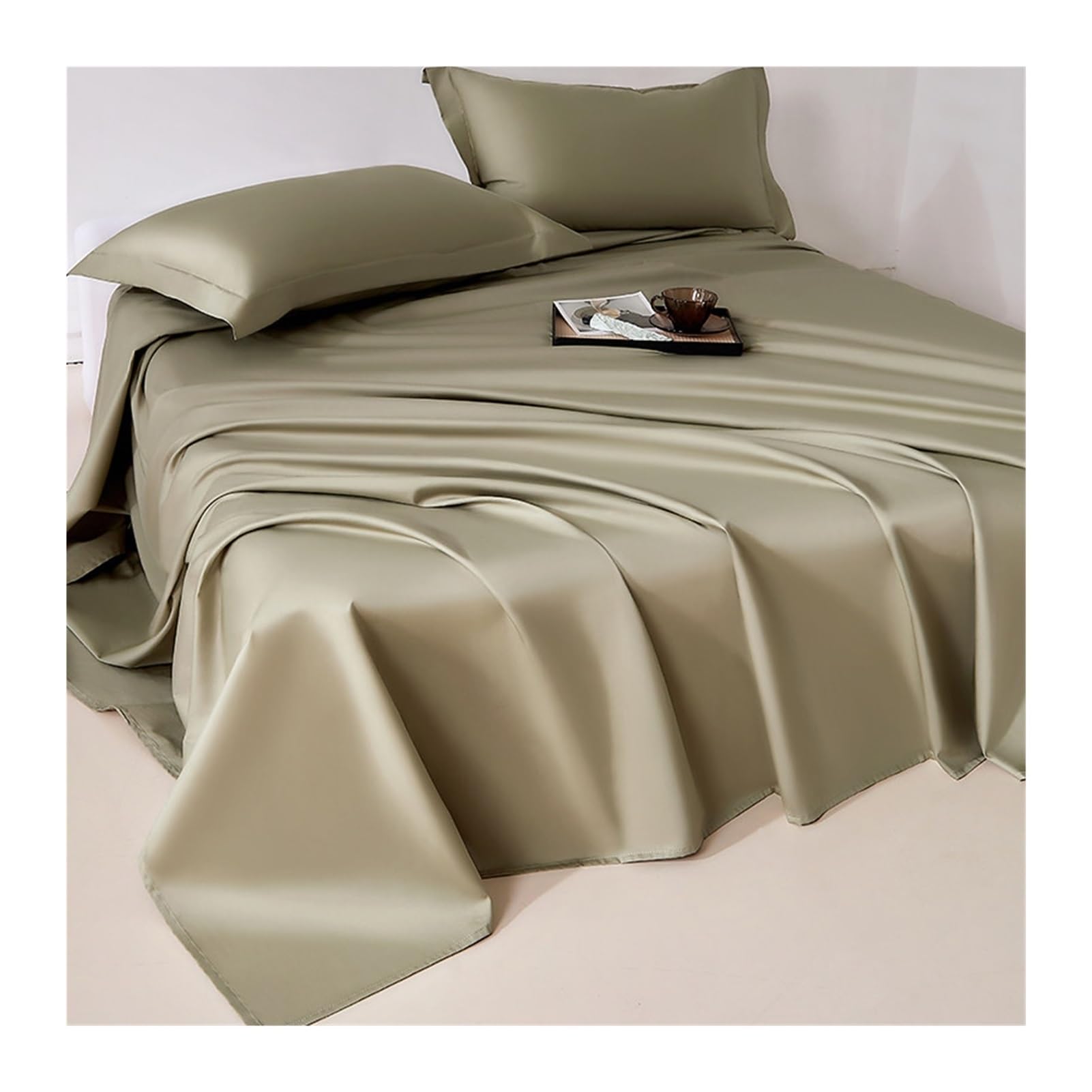 GBHMJU 300TC 100% Long Staple Cotton Flat Sheet Soft Sateen Weave Top Sheet(Green,200x230cm+48x74cm x2)