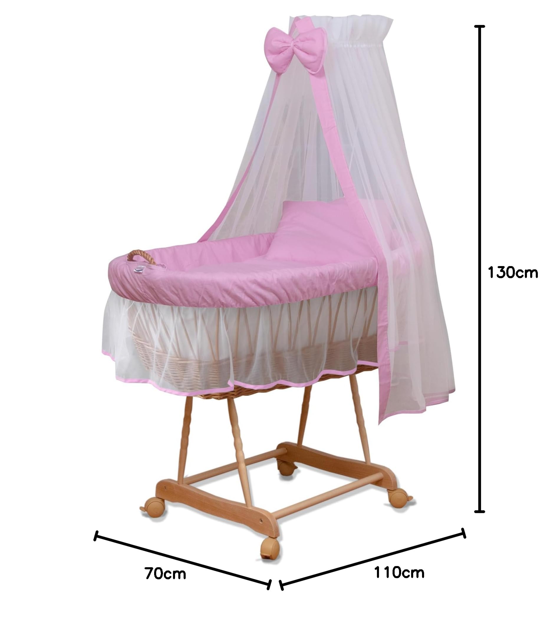 WALDIN Culla con cappotta,Culla con ruote XXL,IN 8 VARIANTI,telaio/ruote naturali non trattati,colore tessile rosa