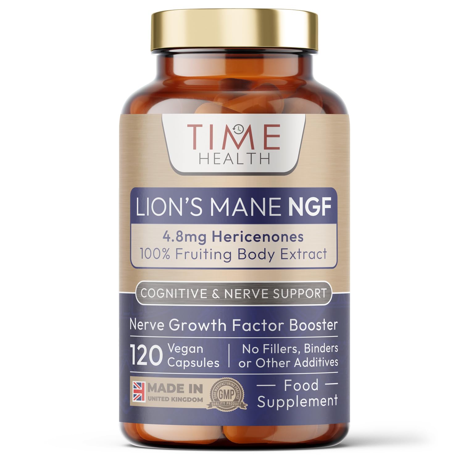 Time Health Lions Mane NGF - High Strength - Vegan - No Fillers, Binders or Flow Agents - Pullulan Capsules (120 Capsule Pouch)