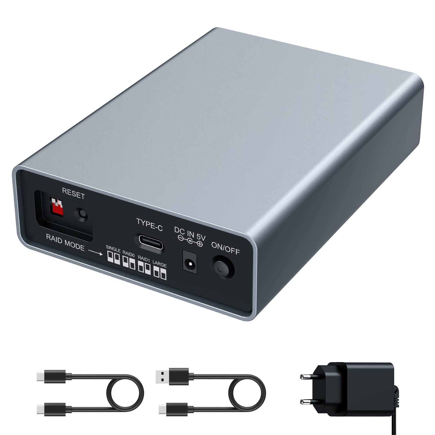 GRAUGEAR | Boîtier Raid Externe | 2 x 2,5" SATA SSD/HDD | Type-C® USB 3.2 Gen2 (10Gb/s) | Raid 0, RAID1, Single, Large | USB-C | USB-A | Aluminium | Bloc d'alimentation | G-25RD2-AC-10G