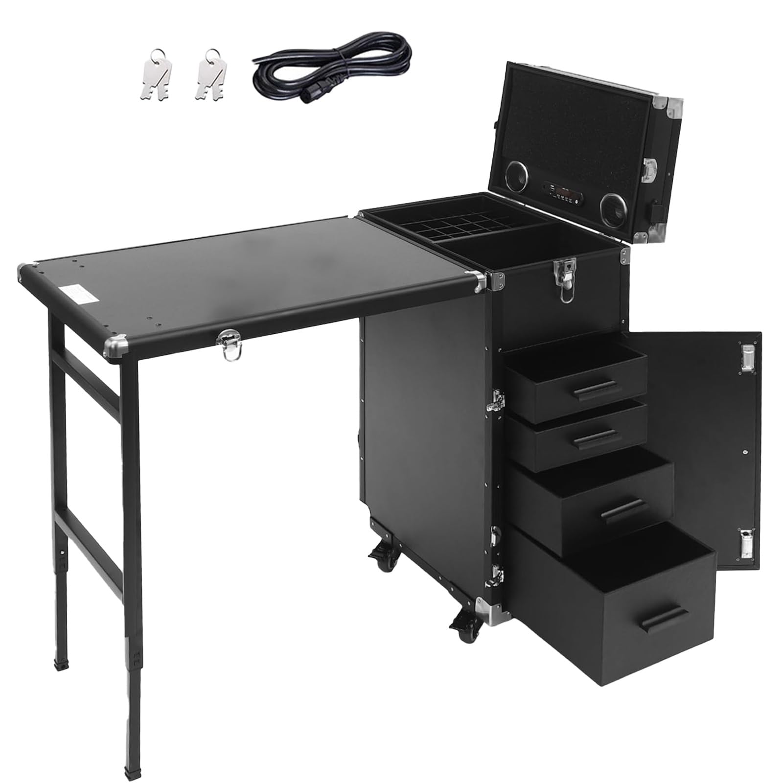 Stół do manicure, składany stół do paznokci, mobilna stacja z głośnikiem i lustrem, uniwersalne koło 360°, przenośna, na kółkach, na przybory do makijażu, organizer, do przechowywania