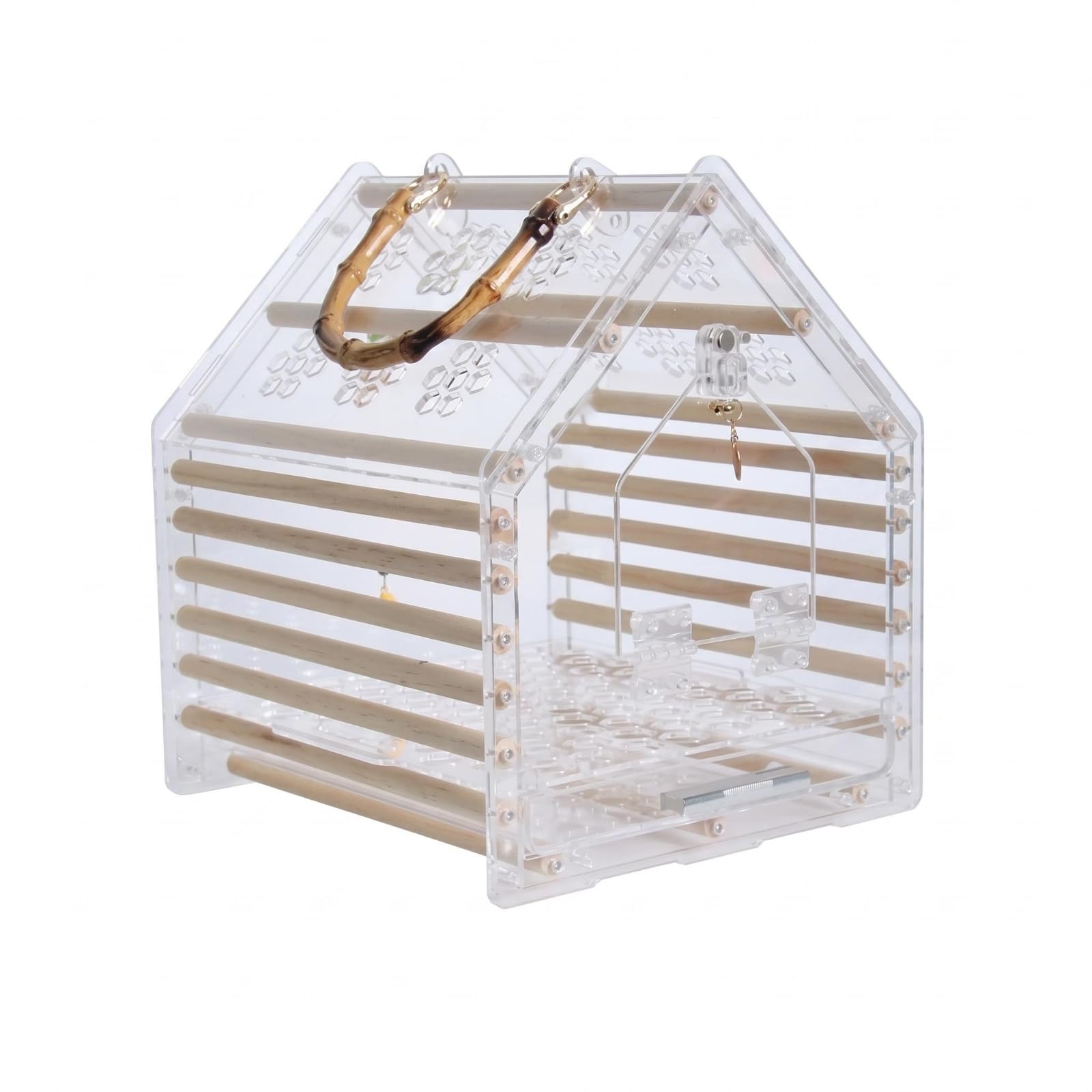 perfeclan Jaula para Pájaros Portátil Transportín Acrílico para Aves Jaula Caja con Listones de Madera Asa de Bambú Base Perforada, Pequeño, Techo Puntiagudo