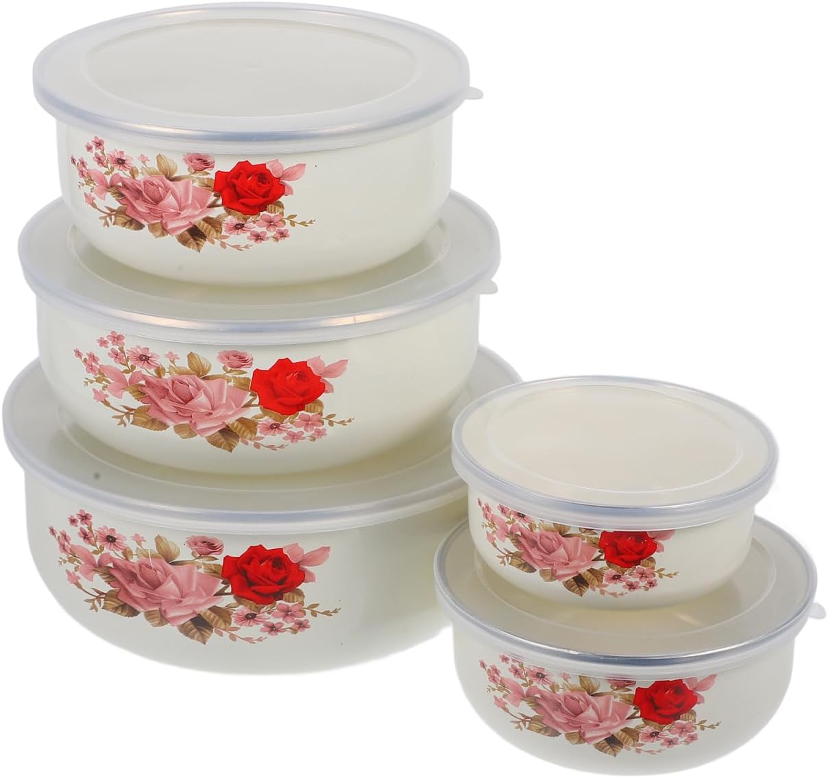 DOITOOL Enamel Bowls with Lids: 5PCS Nesting Storage Bowls Set with Lids, Enamel Ice Cream Salads Prepared Bowl Metal Prep Bowl for Baking Prepping Cooking and Serving Food