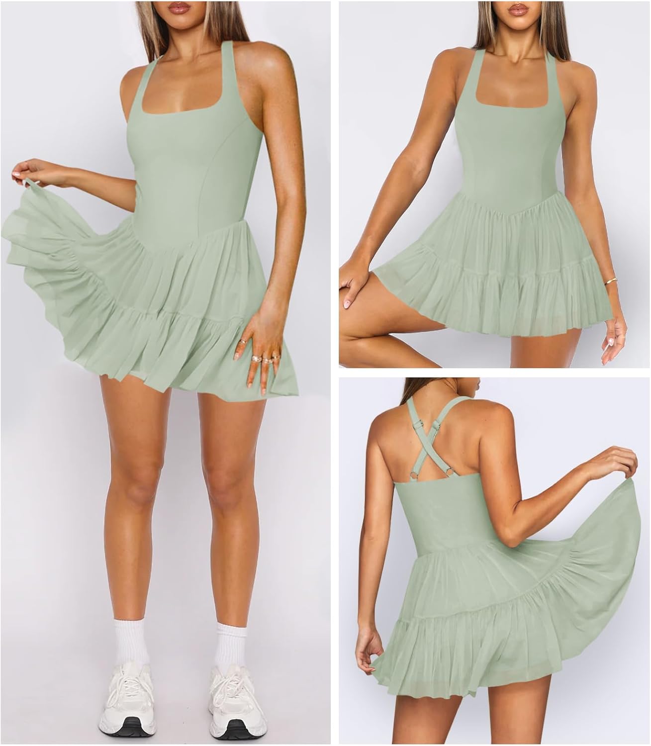 Women's Tennis Flowy Pleated Ruffle Athletic Dress for Women Halter Neck Sleeveless Mini Golf Dress with Shorts Pocket - Image 2