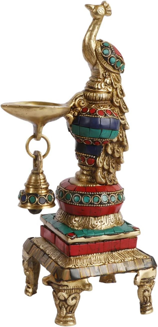 Kartique Brass Multicolor Stone Chip Peacock Decorative Diya for Home Mandir Décor