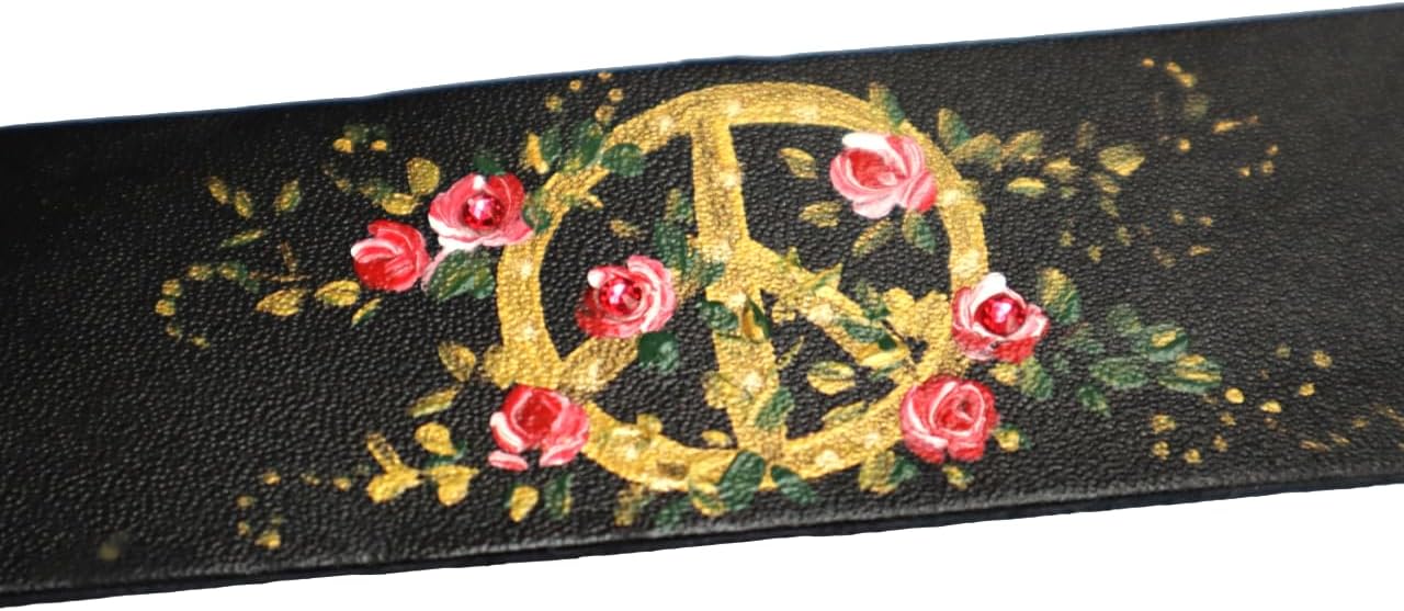 Boho Adjustable Wide Black Leather Cuff Bracelet Artist Hand Painted Gold Peace Sign and Pink Roses Bohemian Jewelry for Women Teen Girls