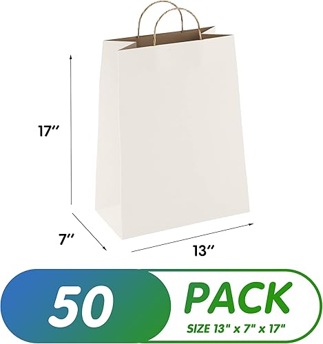 Miniatura 2 de Bolsas de papel kraft blancas con asas a granel, 13 x 7 x 17 pulgadas. Paquete de 50 bolsas de compras plegables, 5.29 ozm. Bolsas de regalo de