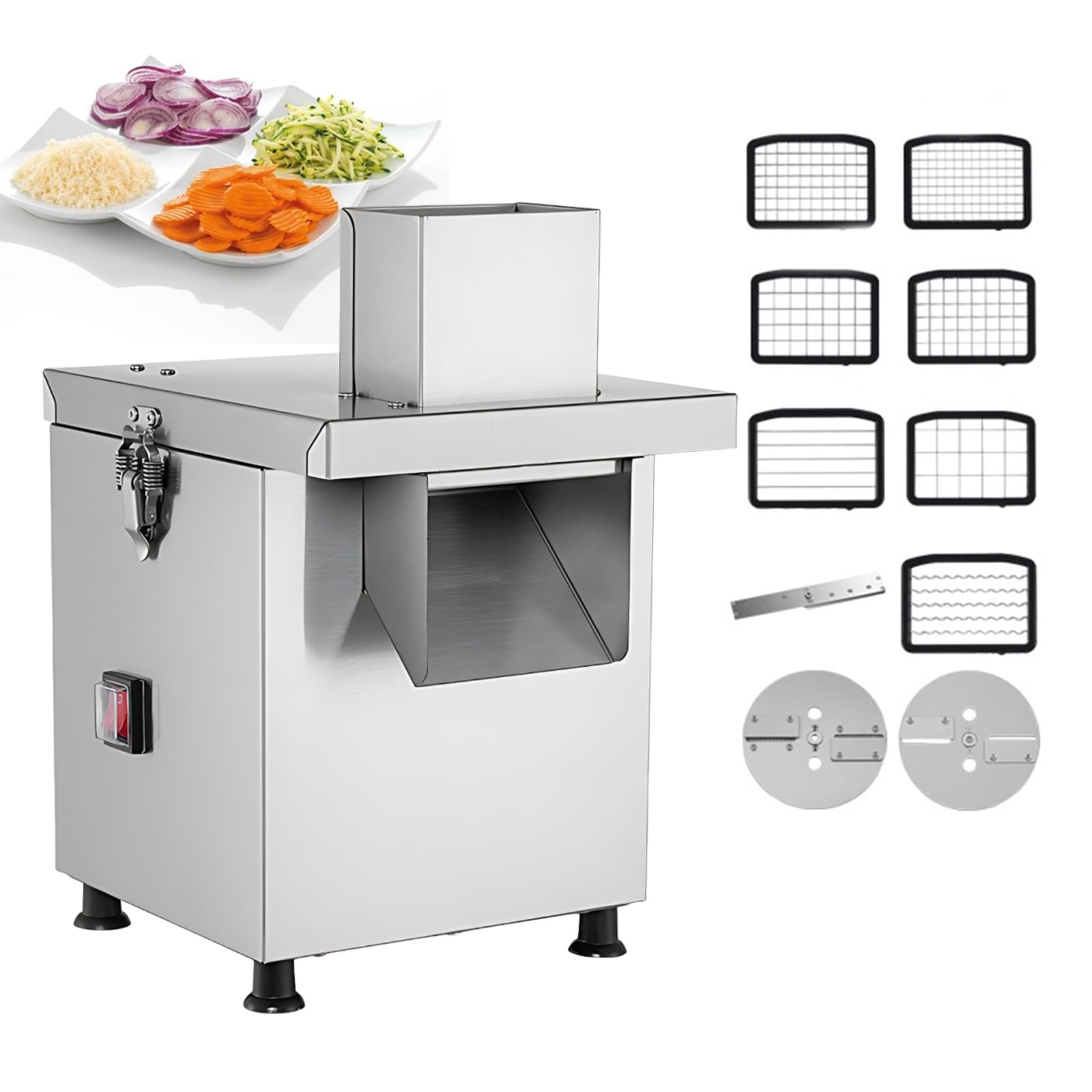 Coupe Légume Professionnel Électrique 300W, Machine Découpe en Cube Automatique en Acier Inox, Trancheuse Râpeuse avec 5 Grilles pour Cantine et Restaurant