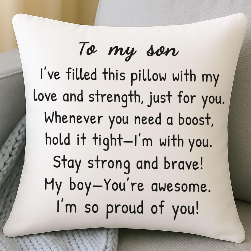 HERHOME to My Son White Throw Pillow Cover 18 x 18 Inch, Christmas Birthday Gifts for Son from Mom Dad, Xmas Cushion Case Gifts for Boys, I'm So Proud