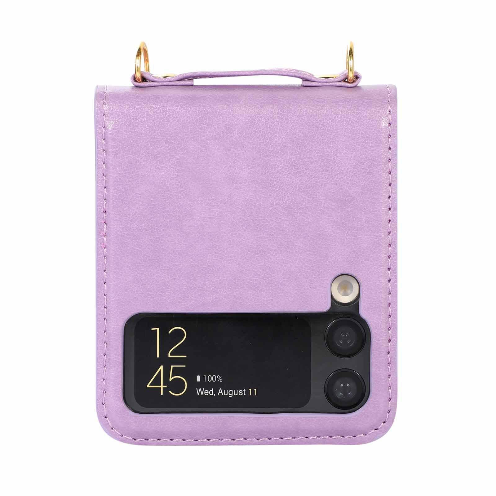 Etui do Samsung Galaxy Z Flip 3, portfel etui z przegródkami na karty, skórzane składane etui na telefon, odporne na wstrząsy, ochronne etui z paskiem na ramię, fioletowe