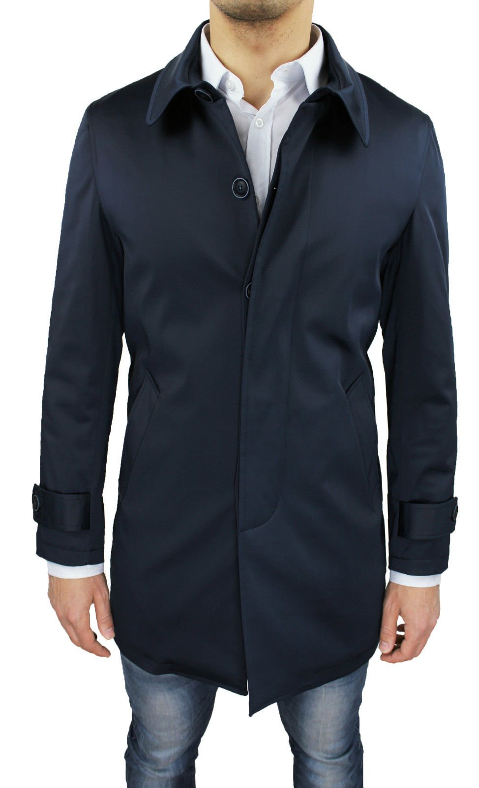 Giaccone Soprabito Uomo Blu Scuro Invernale Casual Elegante Giacca Trench Nuovo Sartoriale