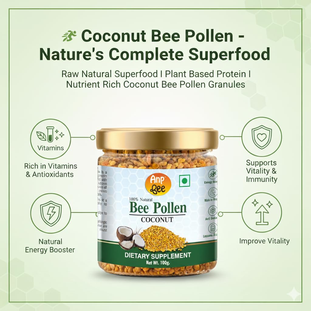 ANP BEE Honey Coconut Bee Pollen Granules (Bee Bread) 100gm, Plant Based Protein, 100% Pure Natural Superfood, Rich in Protein, Vitamins & Minerals, Boost Stamina & Energy, Ayurvedic Health Supplement — Amazon image 6