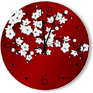 Cherry Blossom Oriental Red Wall Clock Black and White Clocks Wall Decor 15 Inch Battery Operated Large Decorative Wall Clock Silent Round Wood Wall Clock Hanging Clocks for Bedroom Decor Living Room