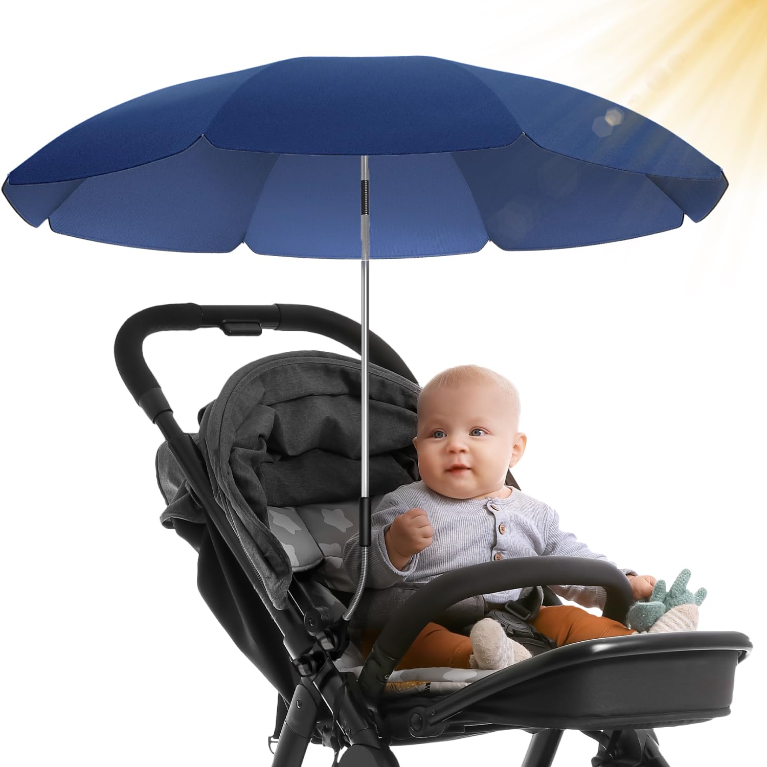 STYNGARD Sonnenschirm Kinderwagen UV Schutz 50+ / 70 cm Durchmesser mit Überhang - Sonnenschutz Kinderwagen - Sonnenschutz Buggy mit flexibler Universalhalterung Modell ROME